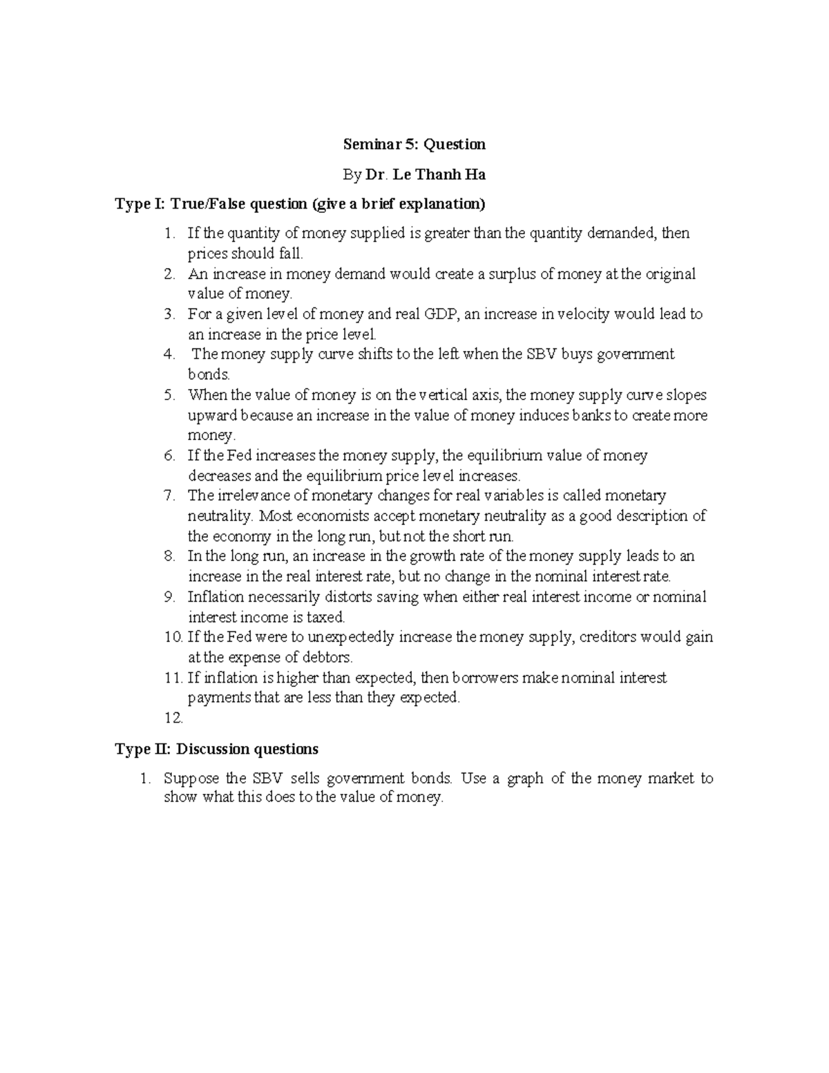 Seminar 5: Questions and Exercises on Monetary Theory and Policy - Studocu