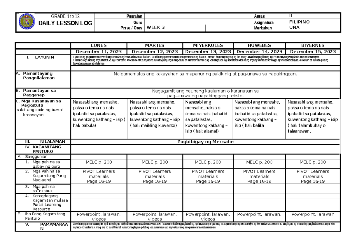 Fil dec 11 to 15 - notes - GRADE 1 to 12 DAILY LESSON LOG Paaralan ...