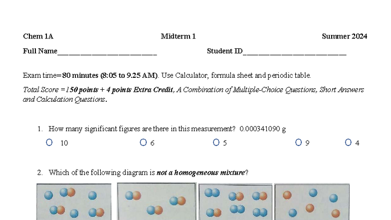 Chem 1A Midterm 1 Summer 2024 Exam Review and Practice Questions - Studocu