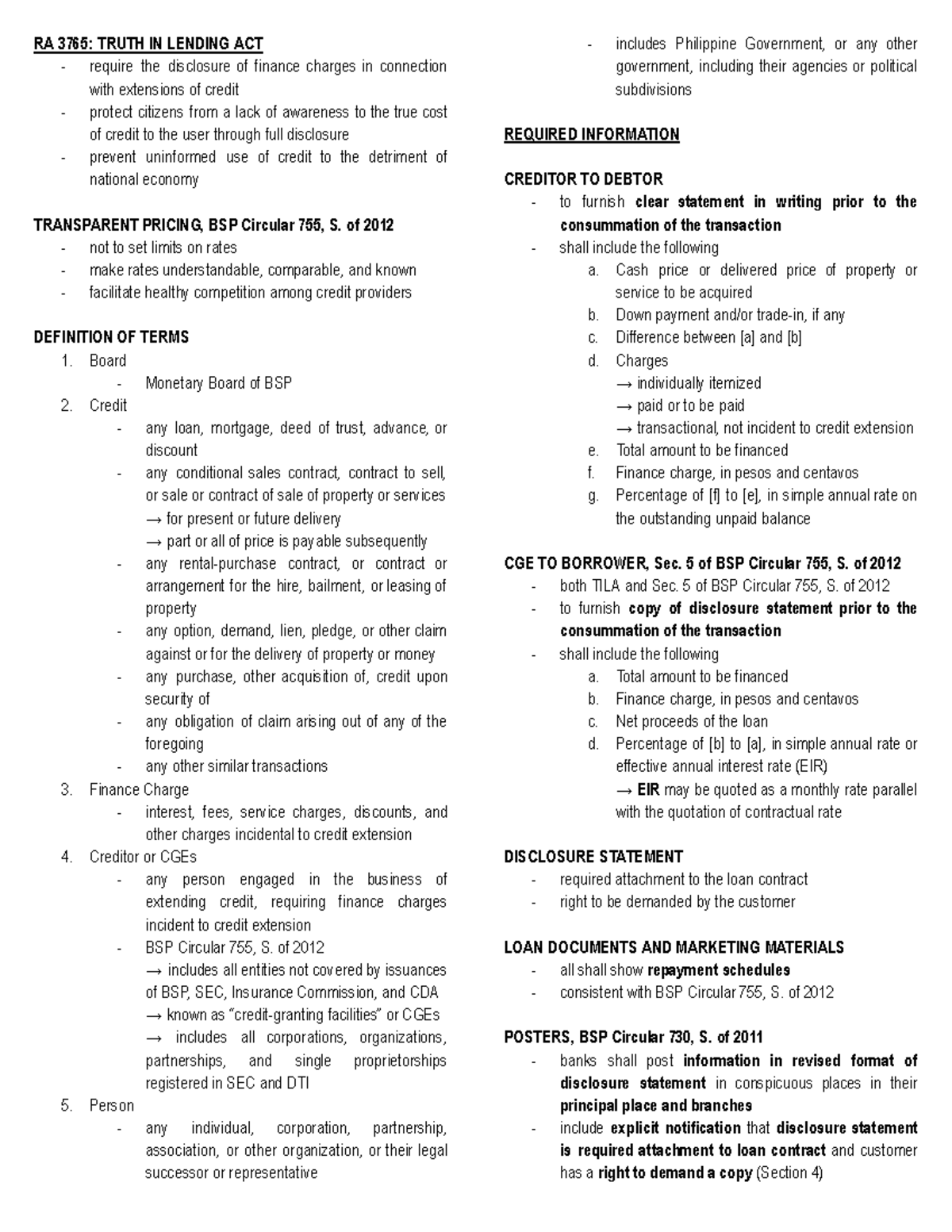 RA 3765: Truth in Lending Act - Key Provisions and Requirements - Studocu