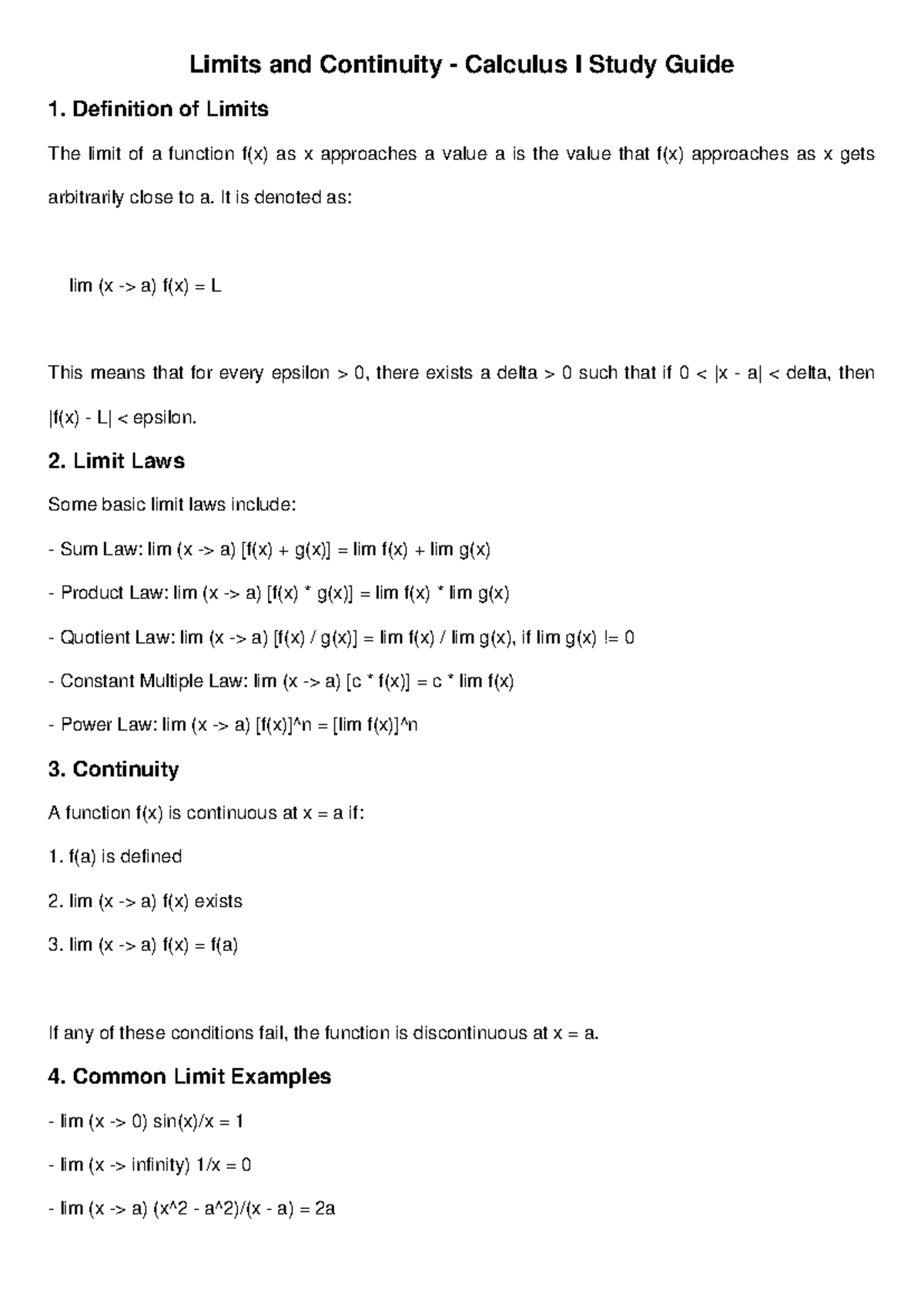 Calculus I Study Guide: Limits & Continuity Concepts - Studocu