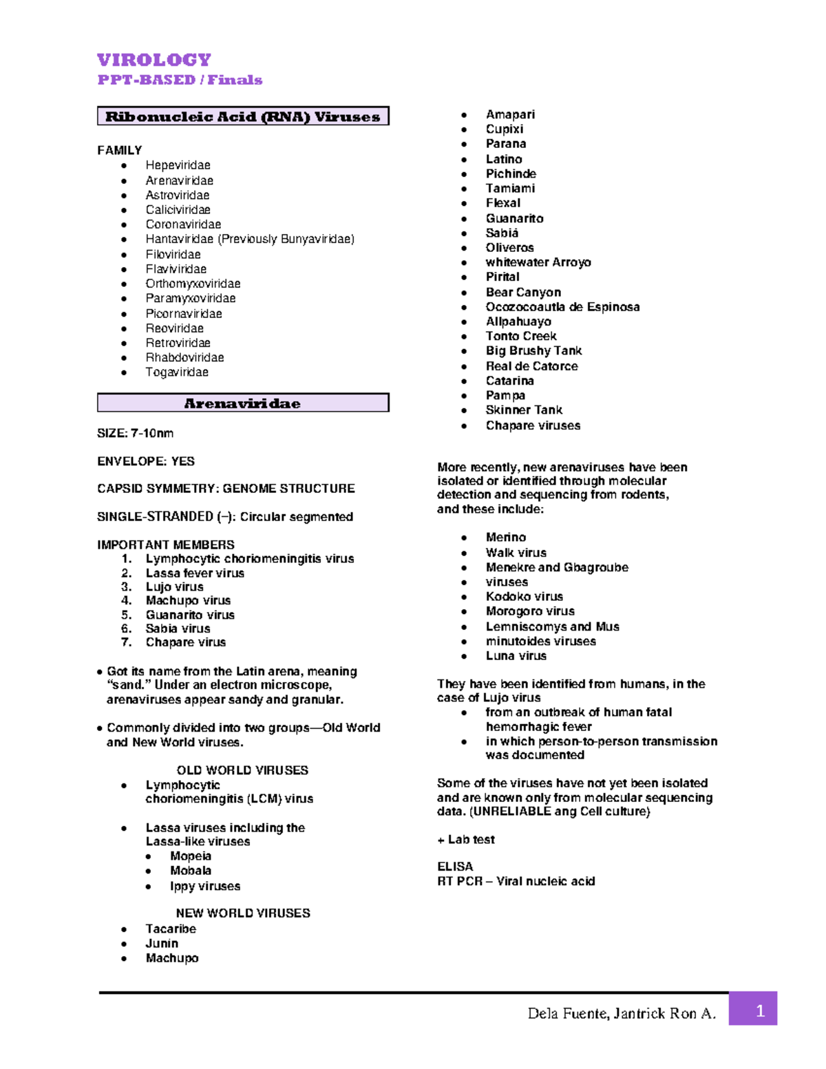 VIROLOGY Finals: Overview of RNA Virus Families and Key Members - Studocu