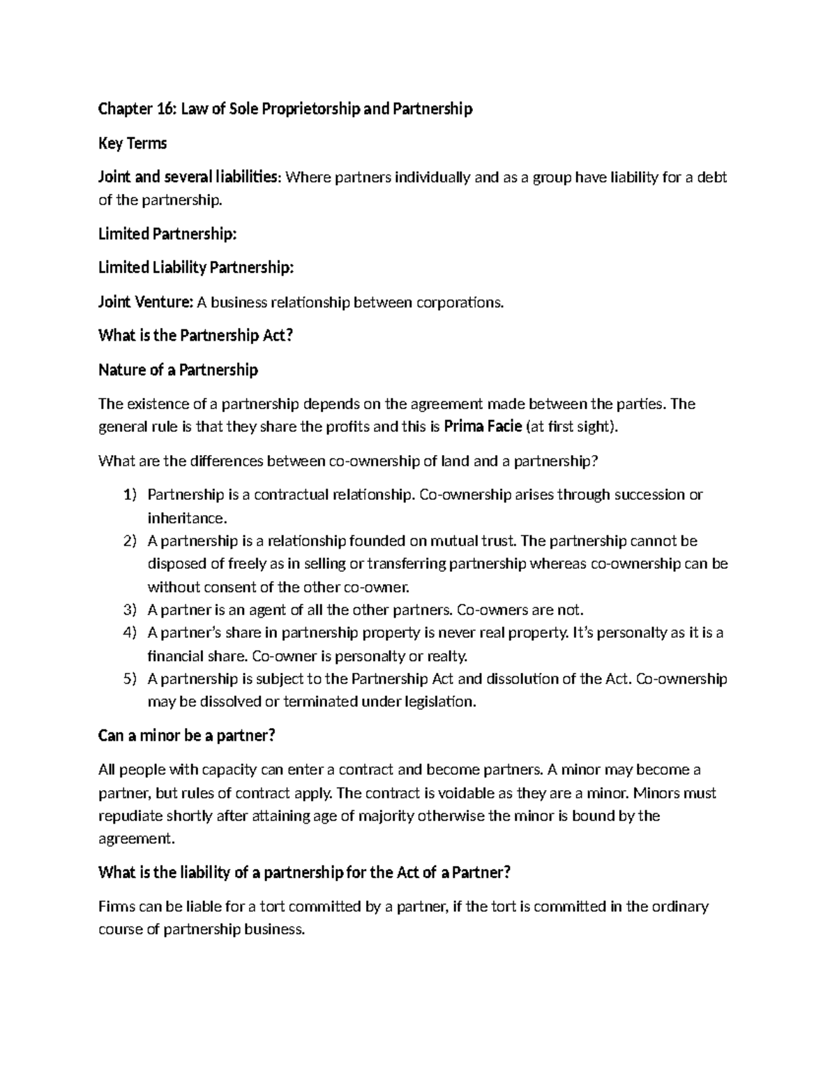 Chapter 16: Key Terms in Sole Proprietorship & Partnership Law - Studocu