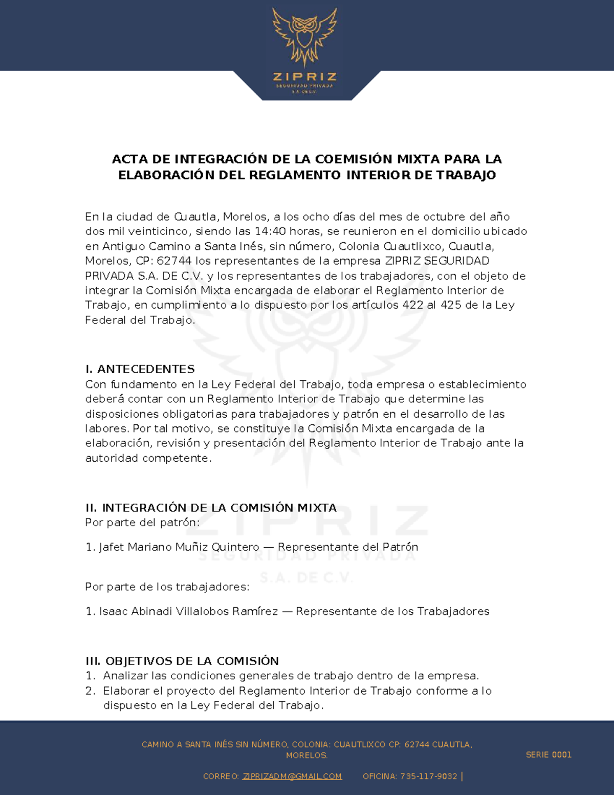 ACTA DE INTEGRACIÓN DE LA COMISIÓN MIXTA PARA REGLAMENTO INTERIOR - Studocu