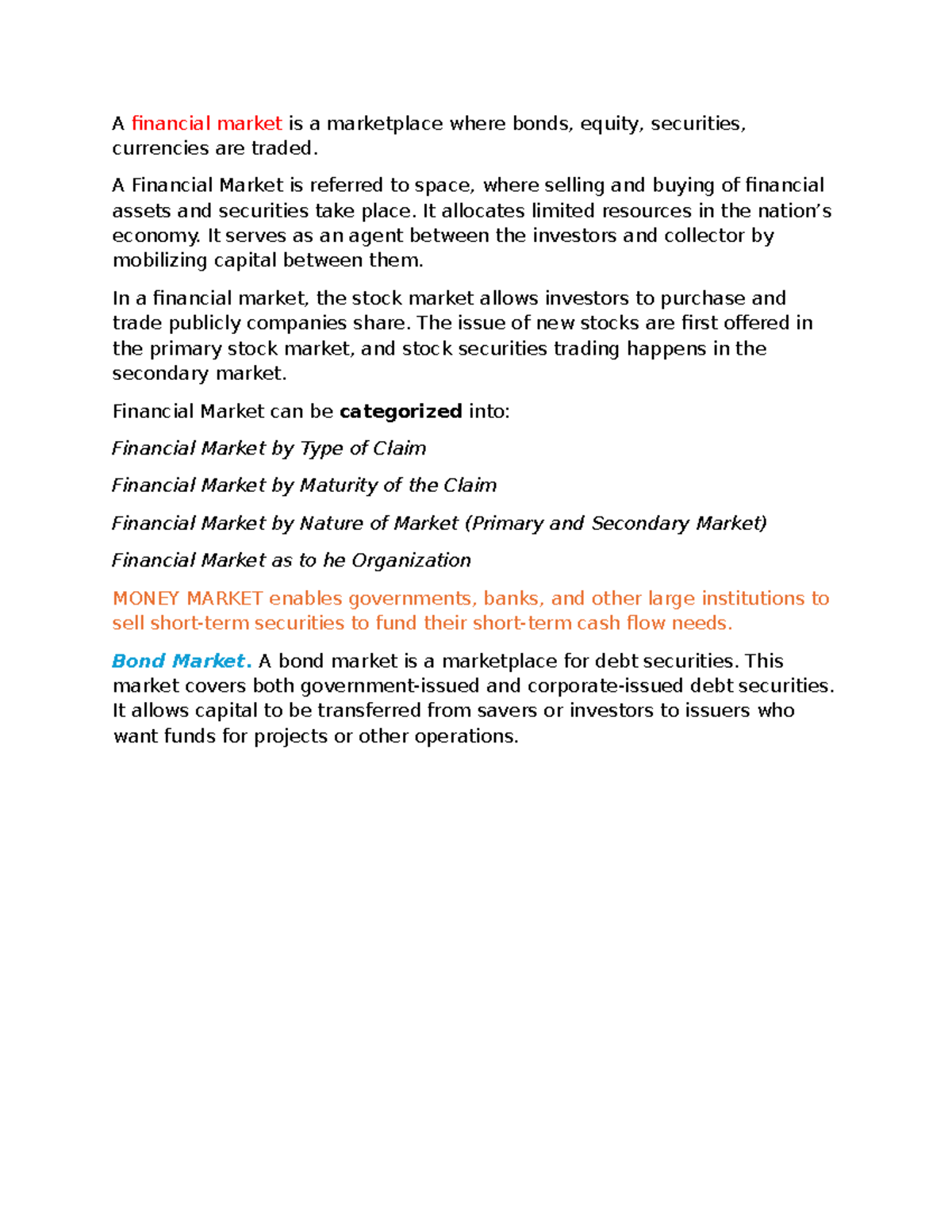 Financial Market Classification: Types, Functions, and Structures - Studocu