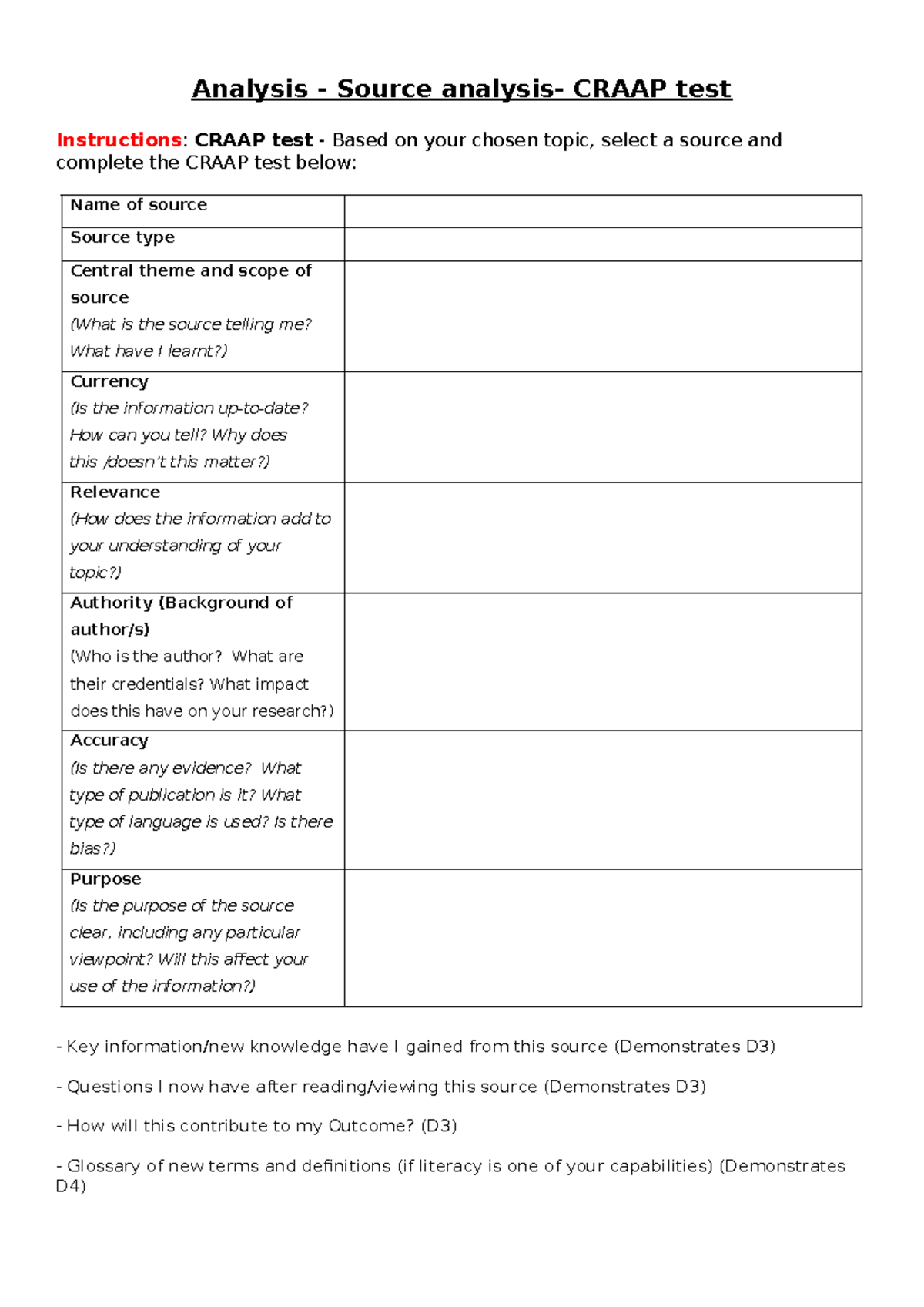 CRAAP Test Analysis for Source Evaluation - Studocu