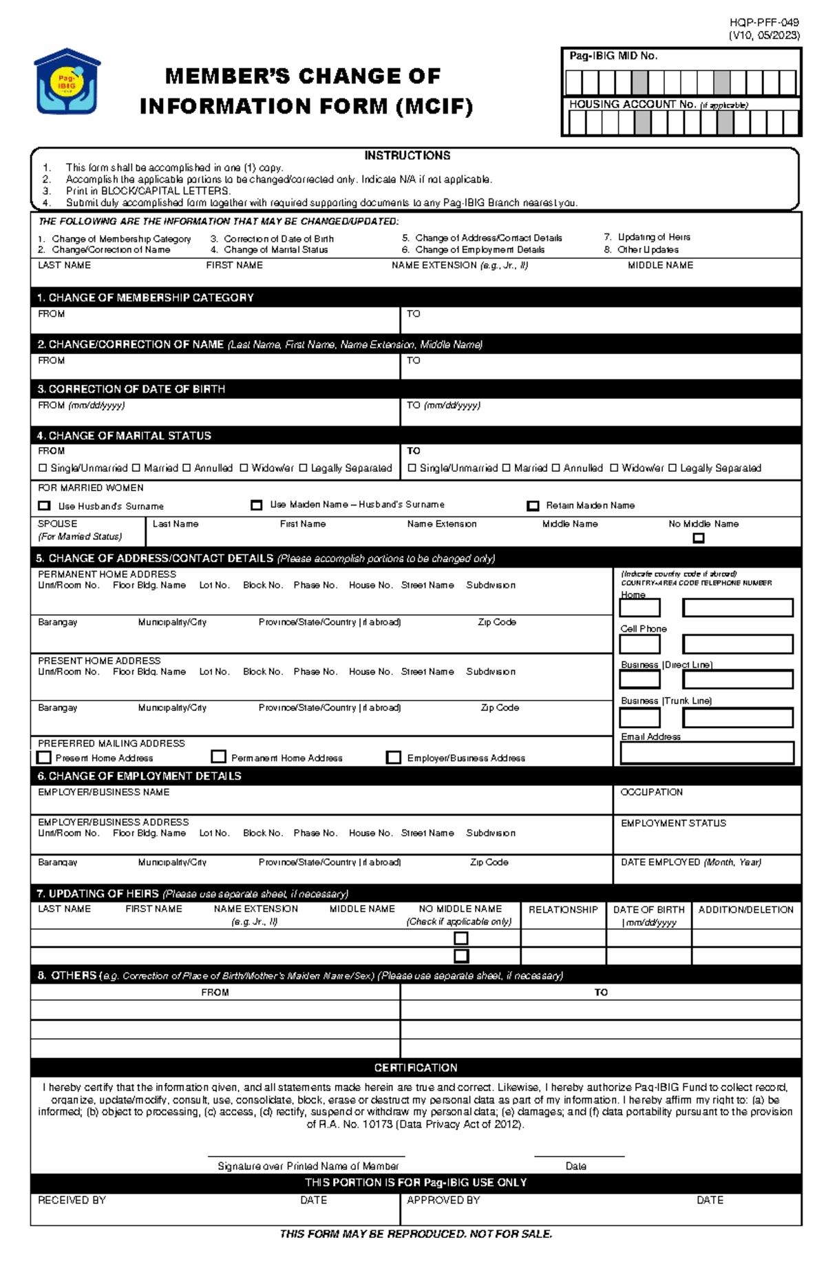 PFF049 Members Change Information Form V10 - MEMBER’S CHANGE OF ...