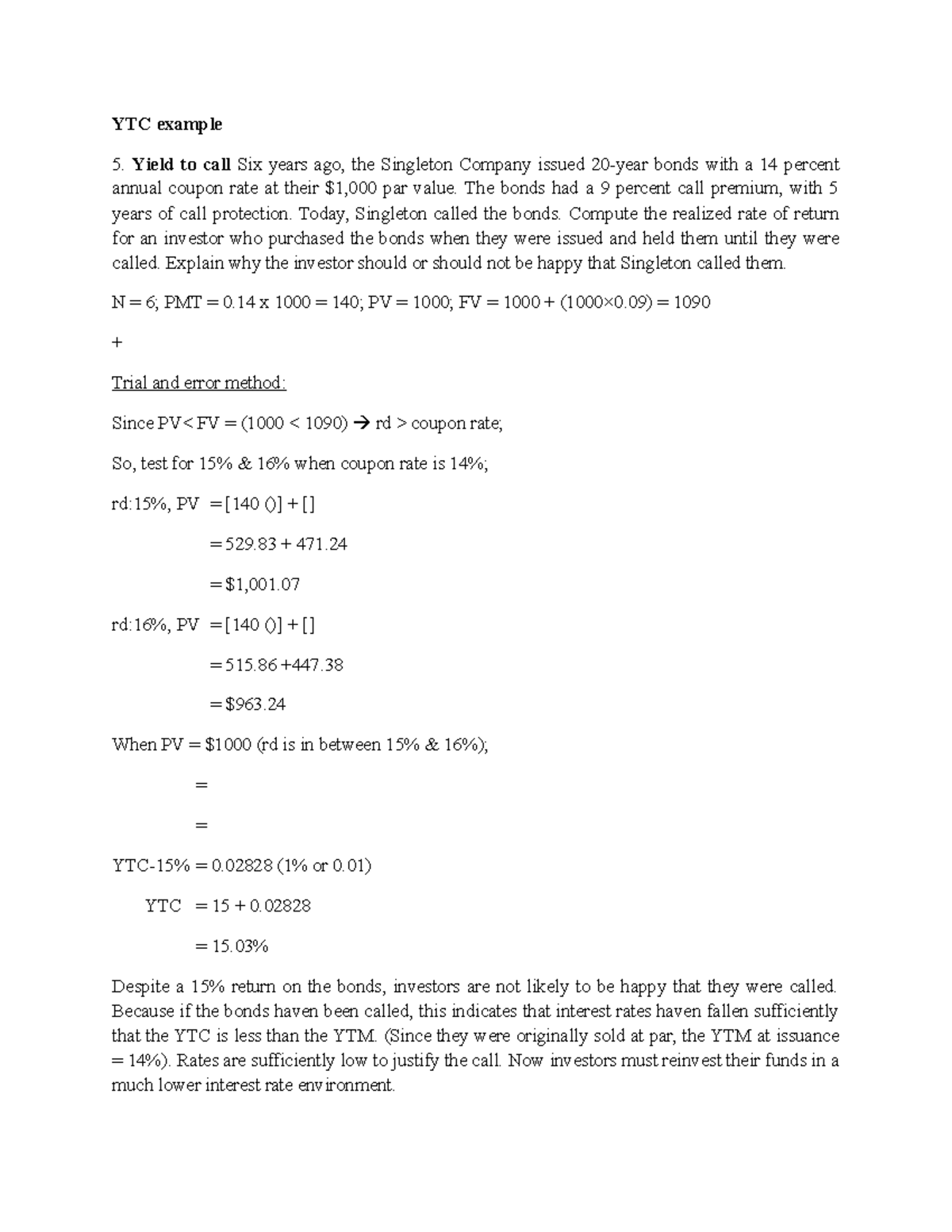 YTM & YTC Analysis: Understanding Bond Returns and Calls - Studocu