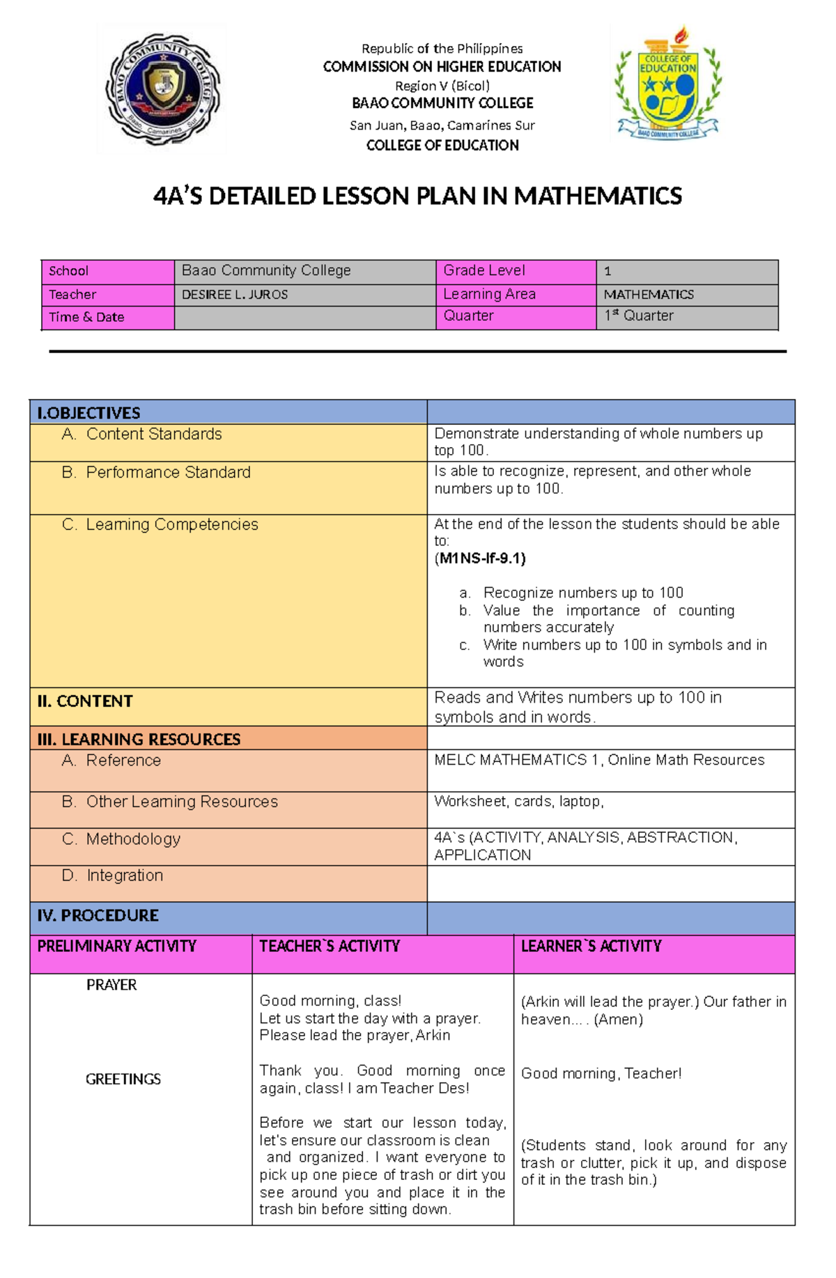 Detailed Lesson Plan in Mathematics (MATH 1) for Grade 1 - Studocu