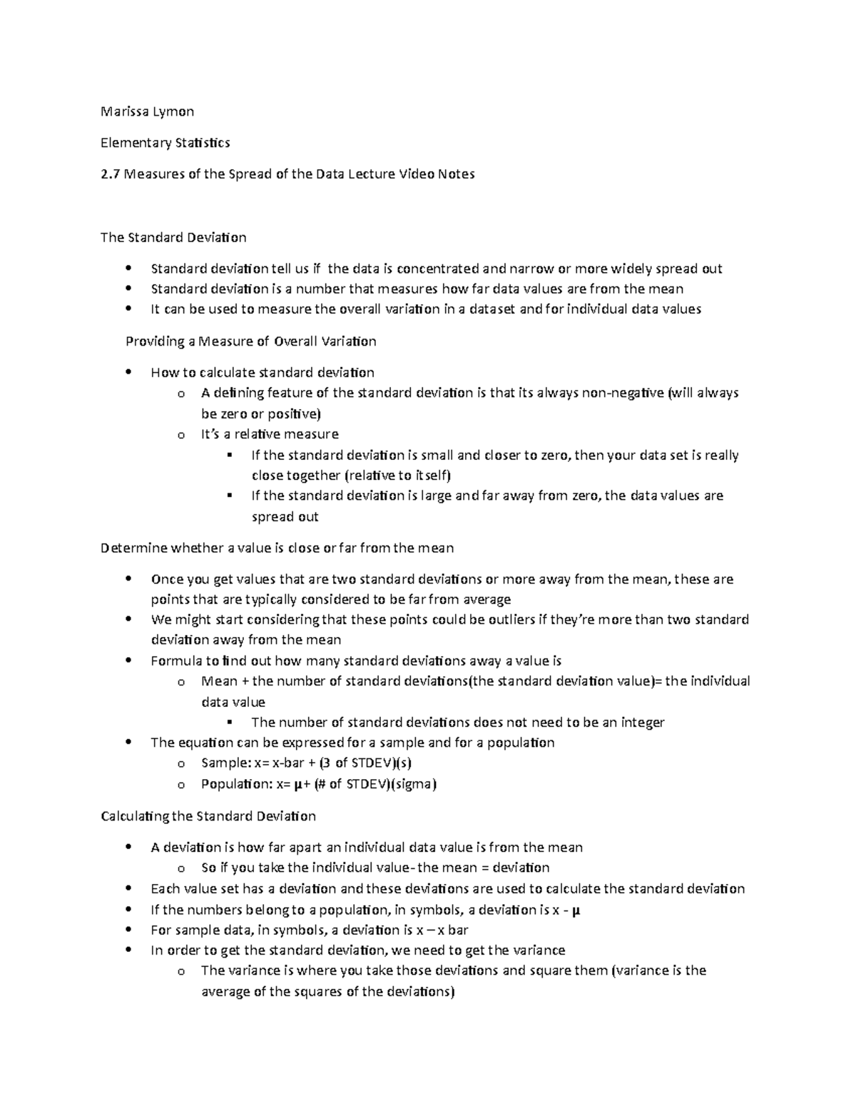 2.7 Measures of the Spread of the Data Lecture Video Notes - Studocu