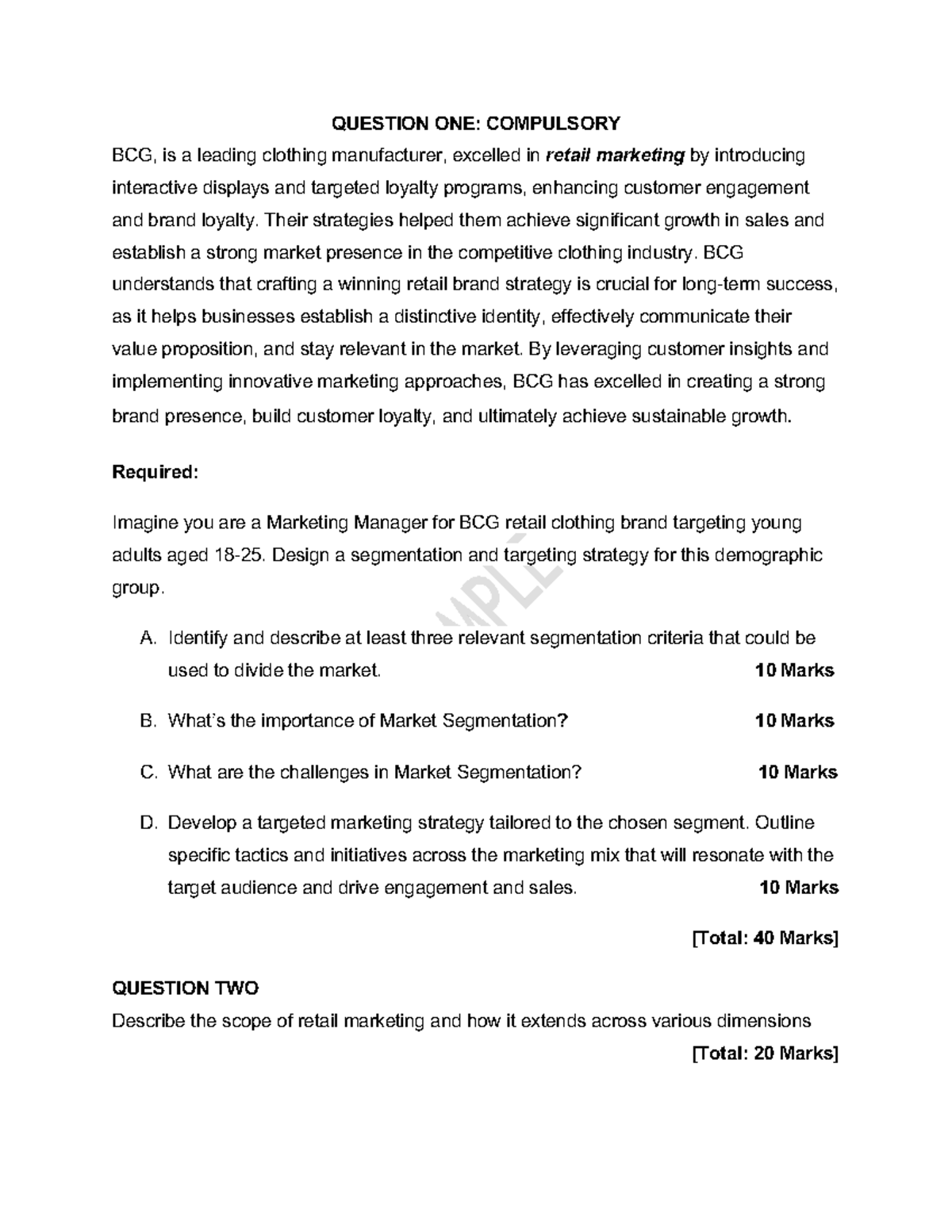 Retail Marketing Sample - QUESTION ONE: COMPULSORY BCG, is a leading ...