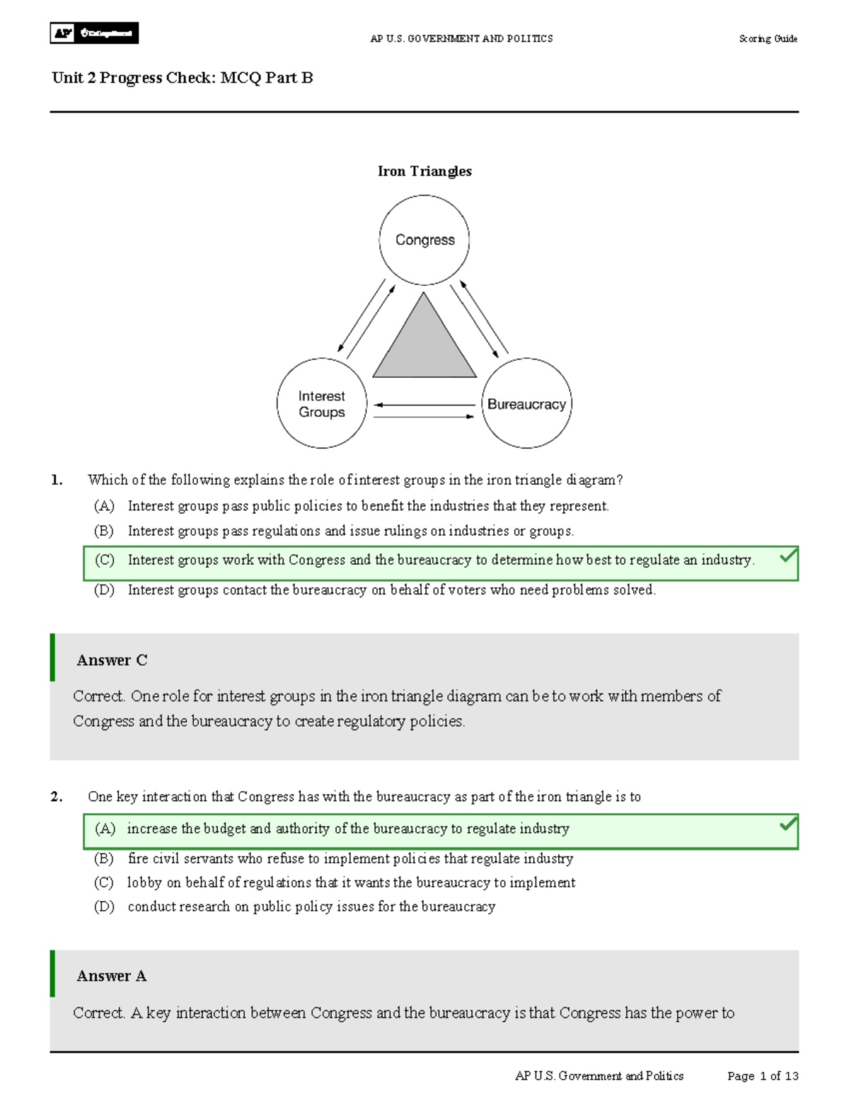 AP U. Government and Politics Unit 2 Progress Check MCQ Part B