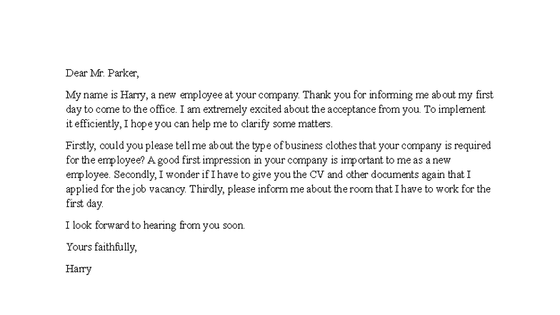 Email Inquiry: First Day Details for New Employee - Studocu