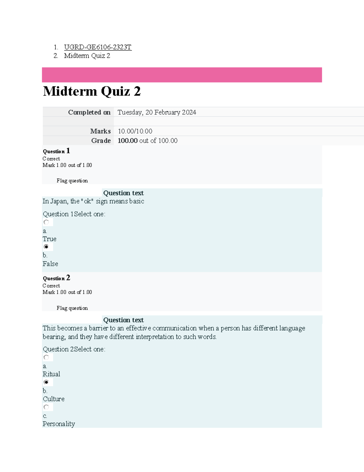 Midterm Quiz 2 - Purposive Communication (UGRD-GE6106-2323T) - Studeersnel