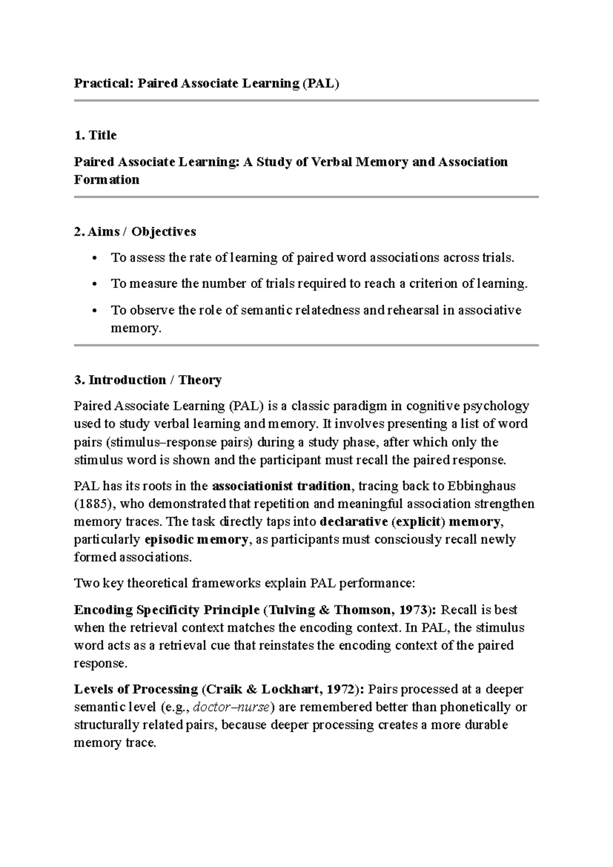 Paired Associate Learning (PAL): Verbal Memory Study Insights - Studocu