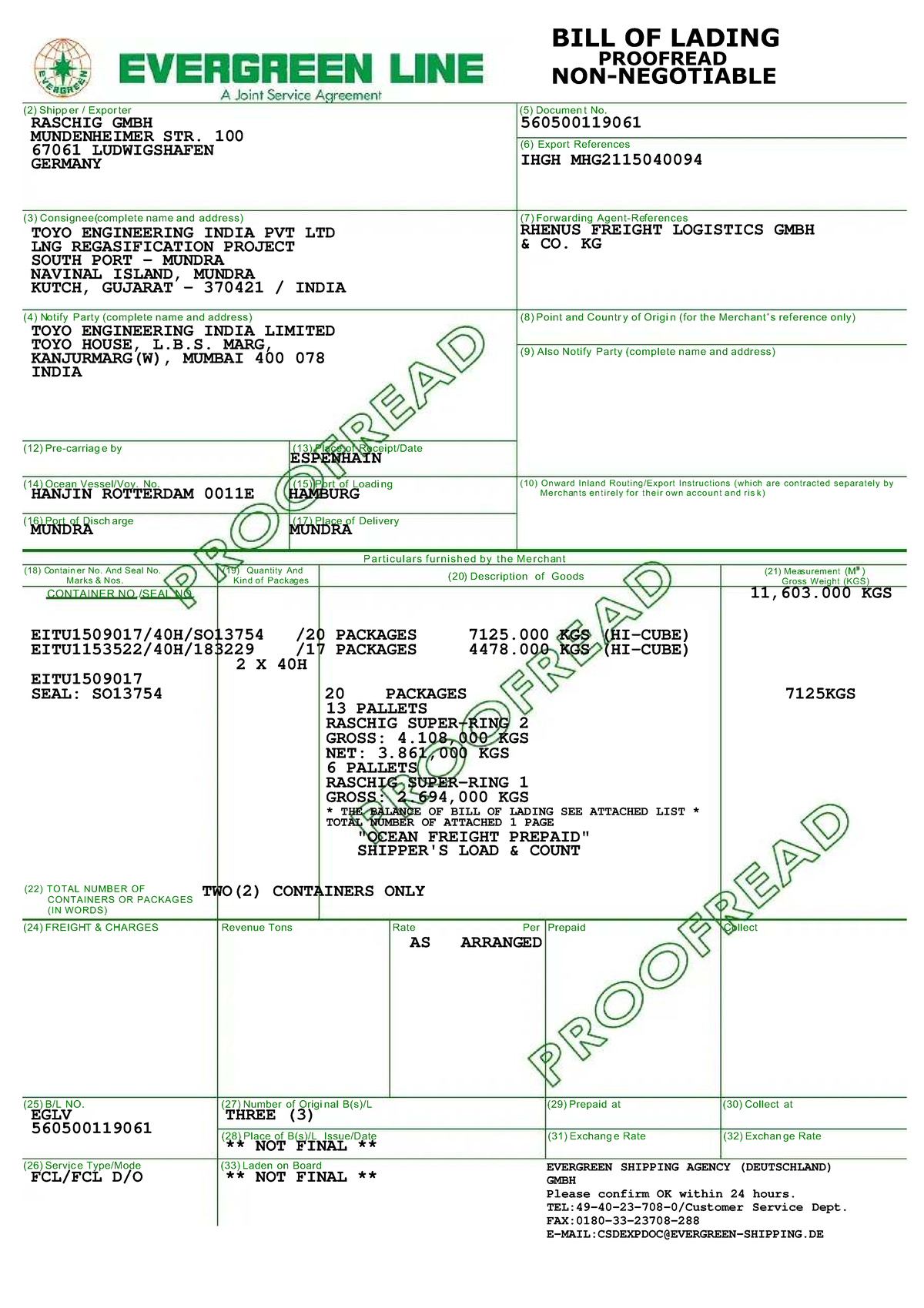 BILL OF LADING PROOFREAD - RASCHIG GMBH & TOYO ENGINEERING - Studocu
