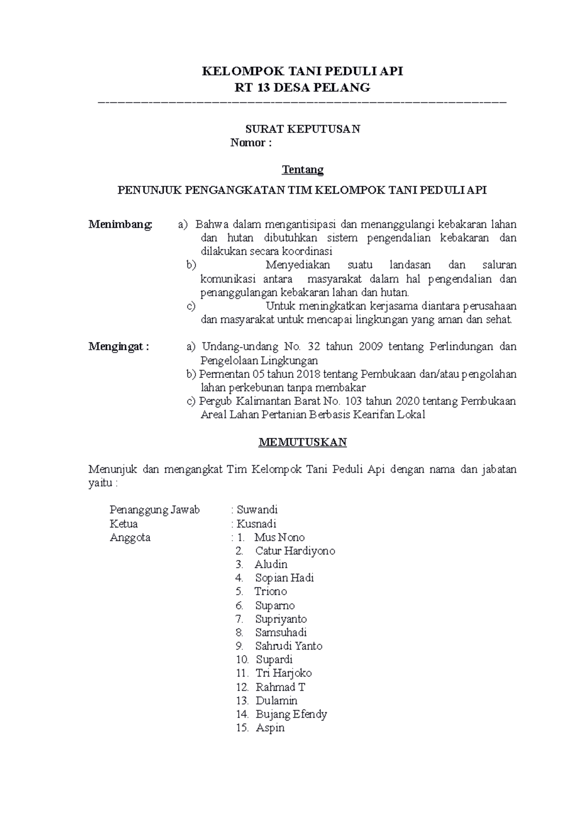 SK MPA API RT 13 - Surat Keputusan Tim Kelompok Tani Peduli Api - Studocu