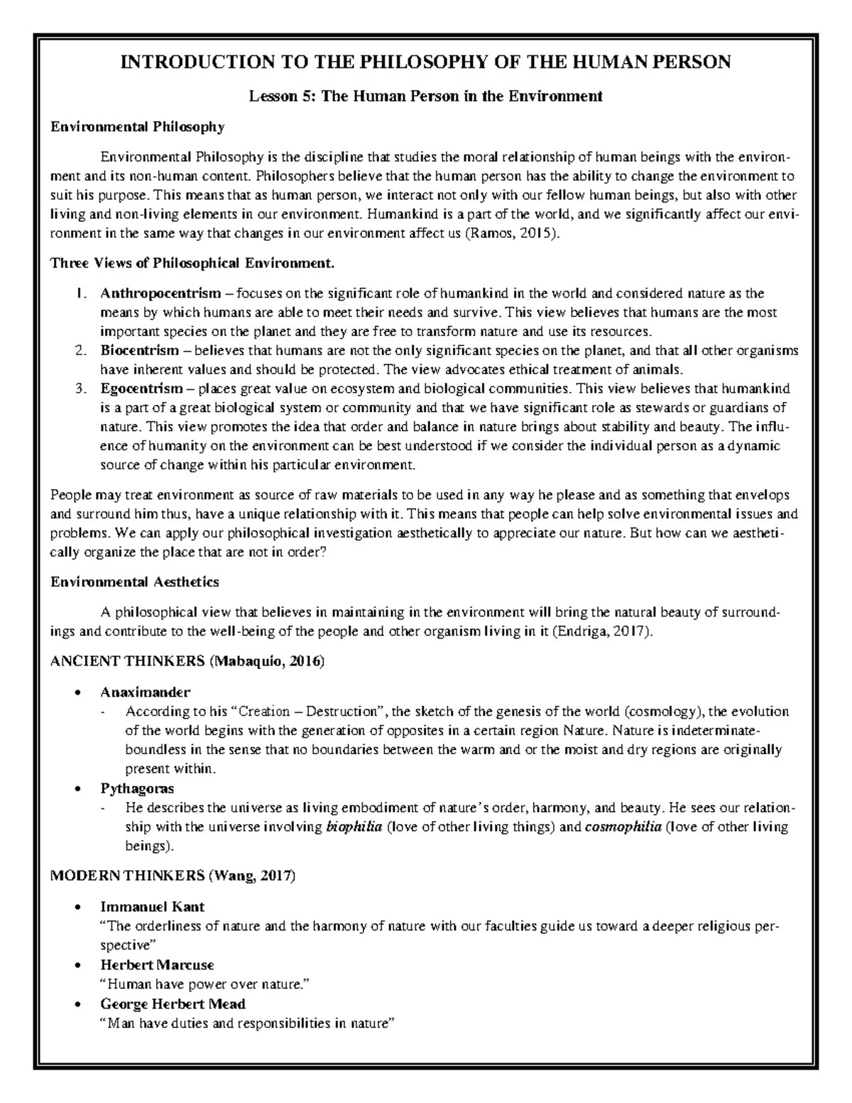 Introduction TO THE Philosophy OF THE Human Person Lesson 5 ...
