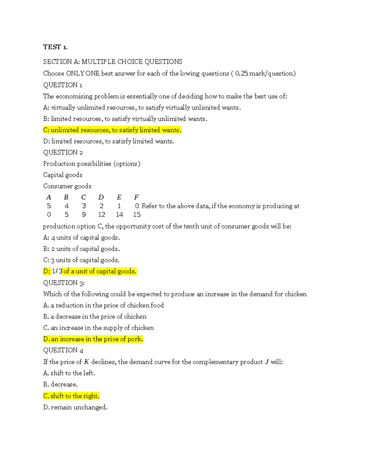 TEST 1: Multiple Choice & True/False Questions (ECON 101) - Studocu