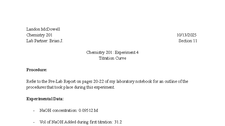Chemistry 201 Lab Report: Experiment 4 - Titration Curve Analysis - Studocu