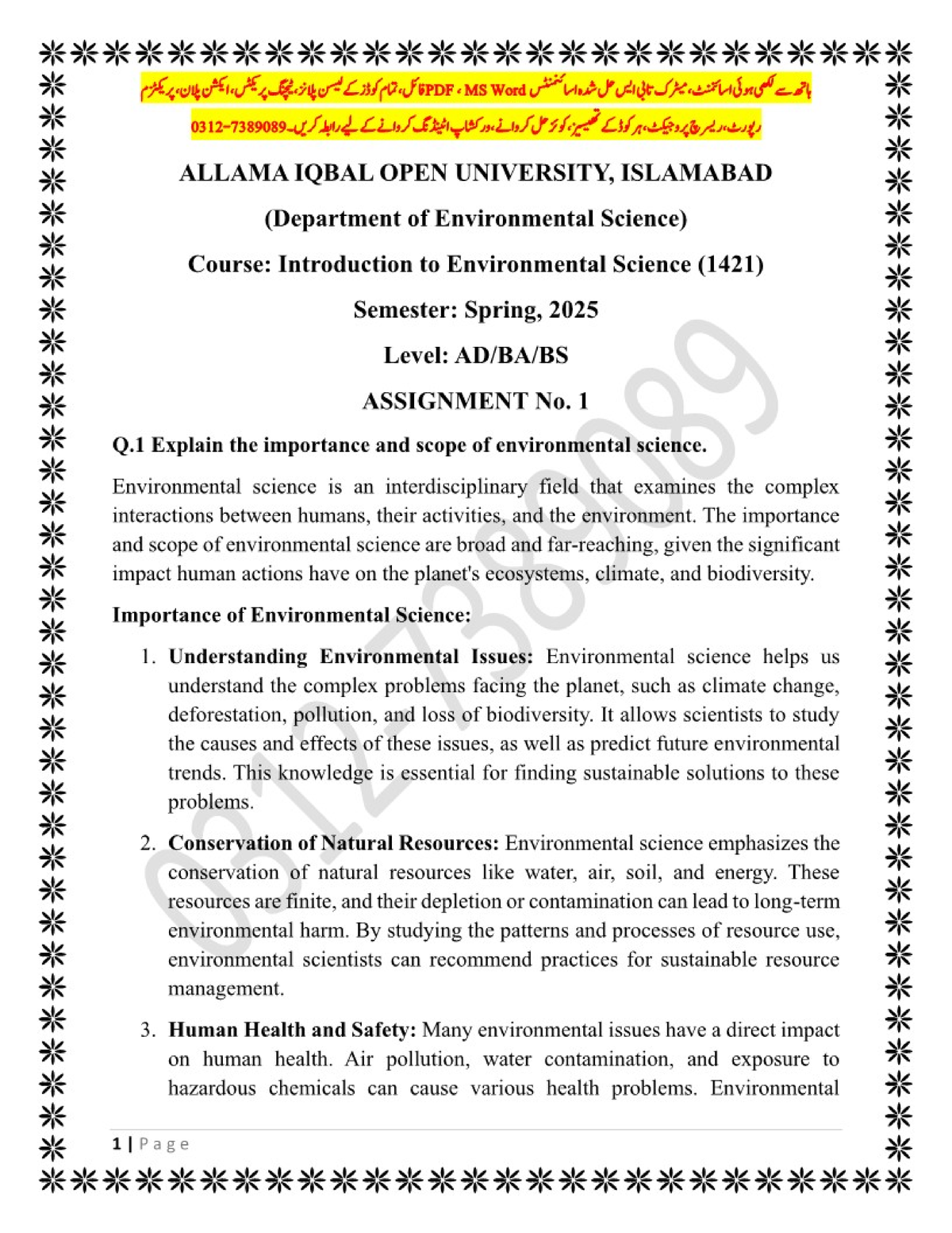 Introduction to Environmental Science (1421) - Assignment 1 Overview ...