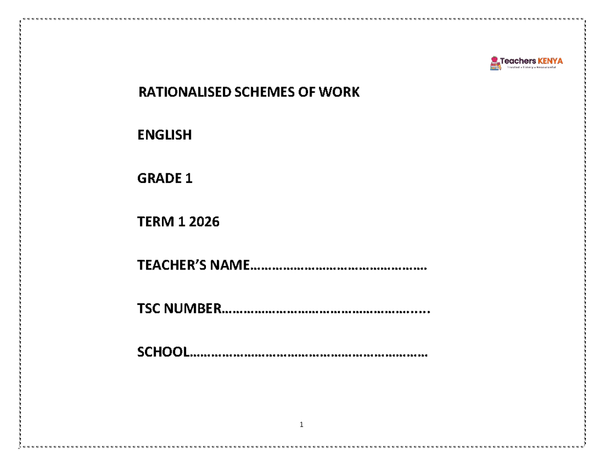 TERM 1 2026 GRADE 1 ENGLISH SCHEMES OF WORK - Studocu