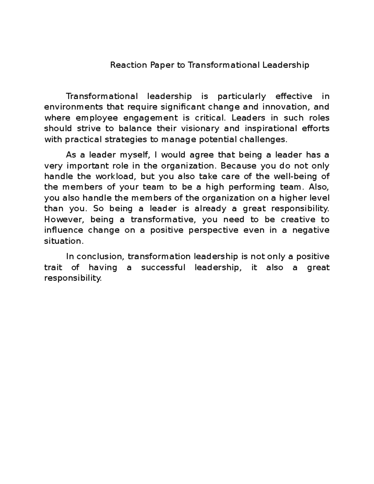 Reaction Paper on Transformational Leadership: Insights and Reflections ...