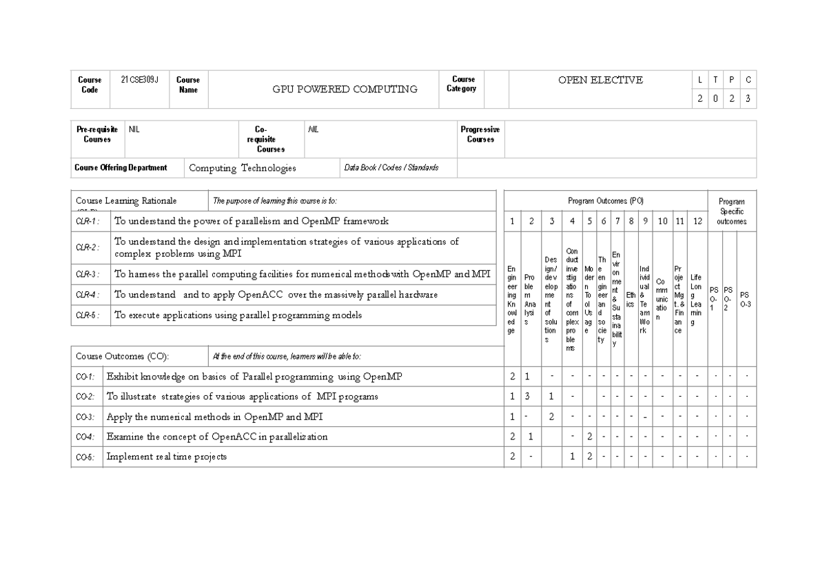 GPU Powered Computing (21CSE309J) - Course Overview and Outcomes - Studocu
