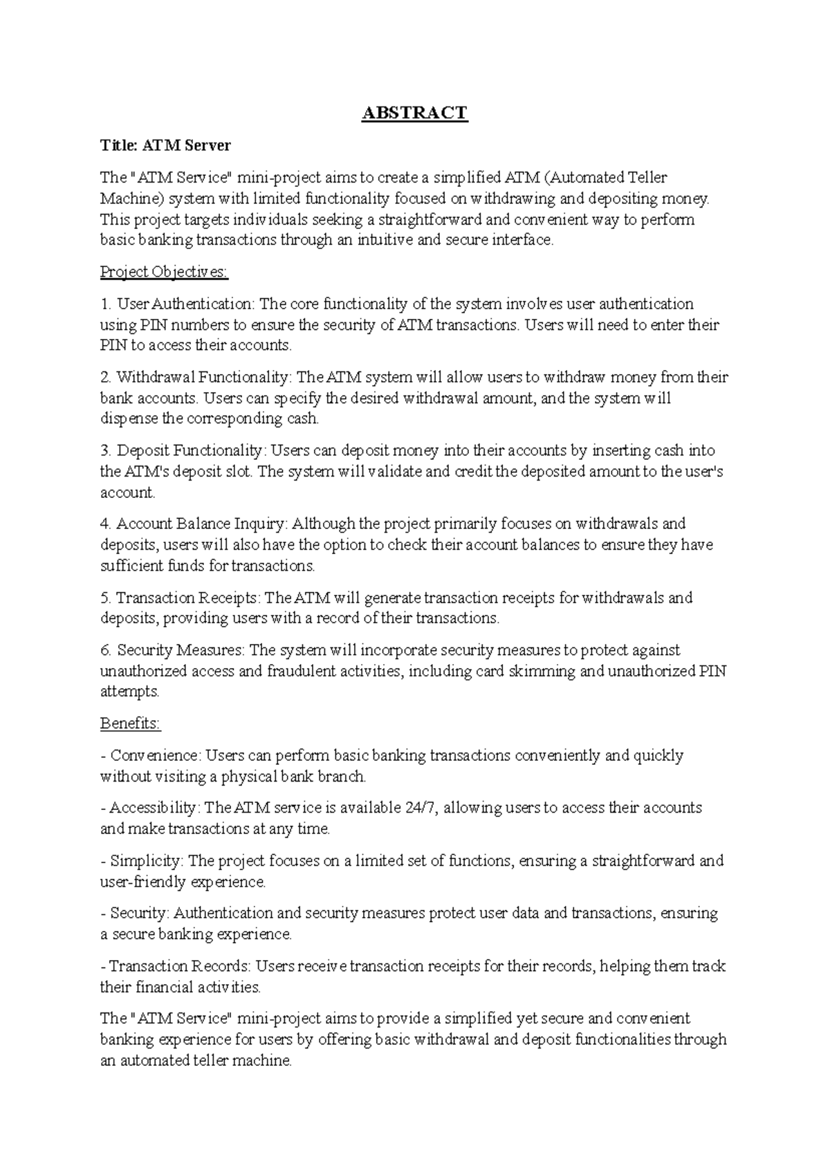 Abstract - It has 1 page paragraph - ABSTRACT Title: ATM Server The ...