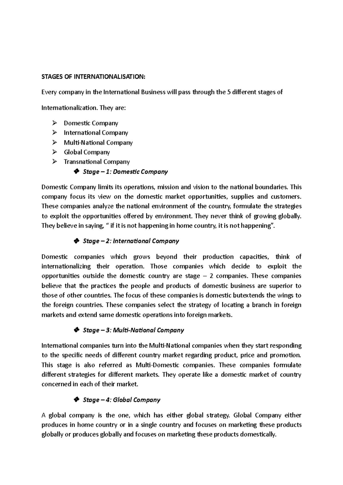 Stages of International Business and Approaches - IB 101 Notes - Studocu