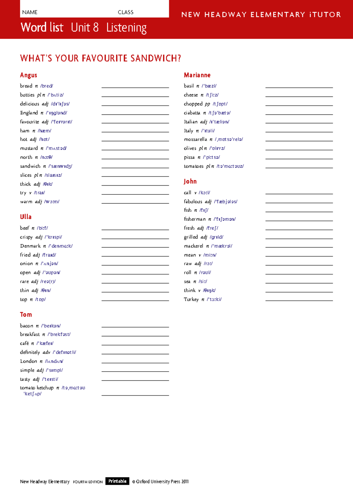 Wordlist for Unit 8 Listening - New Headway Elementary - Studocu