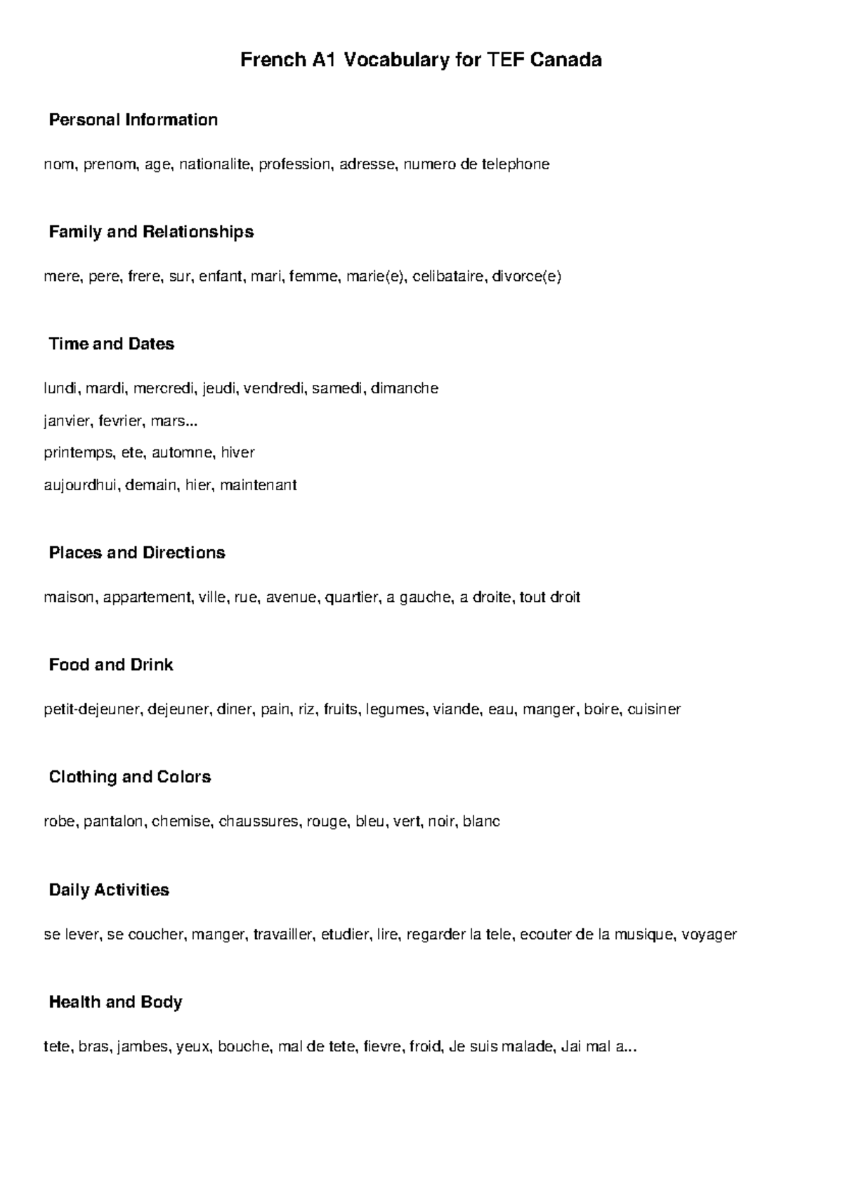 A1 French Vocabulary for TEF Canada: Personal Info & Daily Life - Studocu