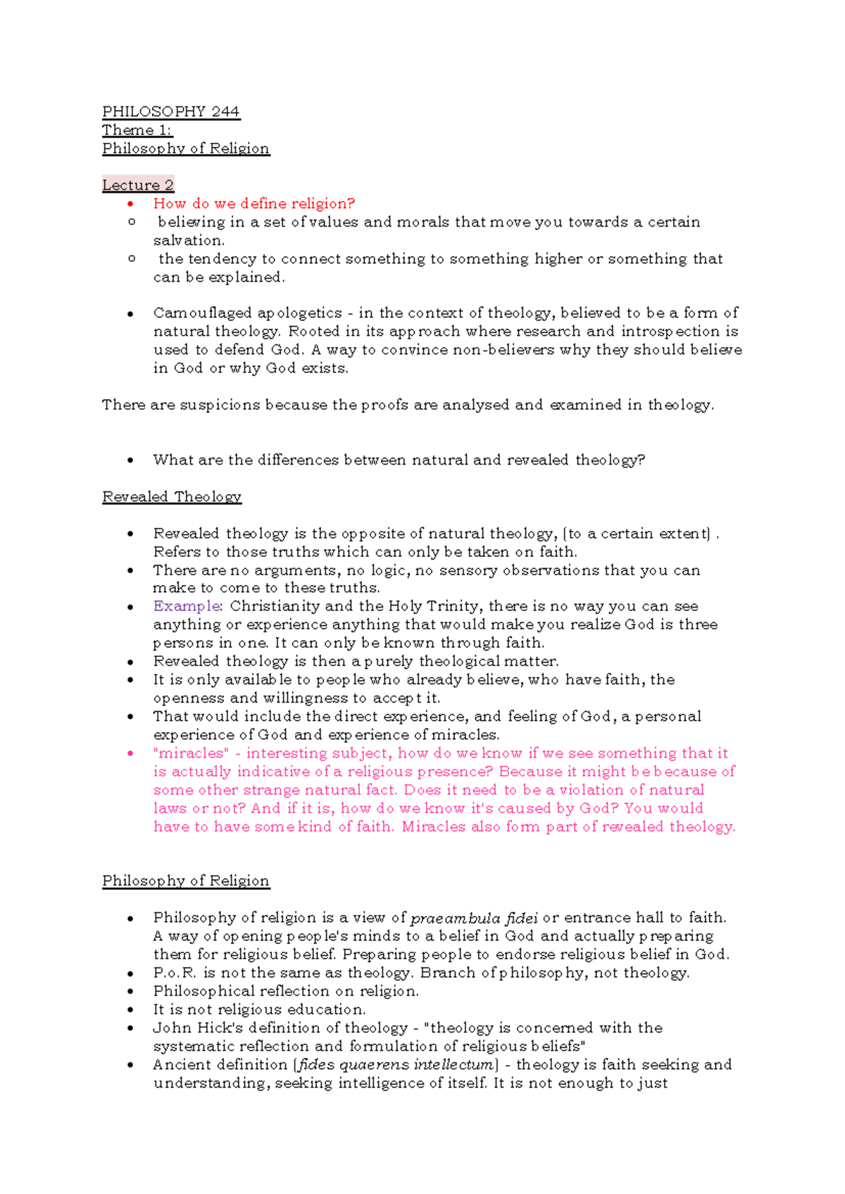 PHIL 244 Theme 1: Philosophy of Religion Lecture Notes - Studocu