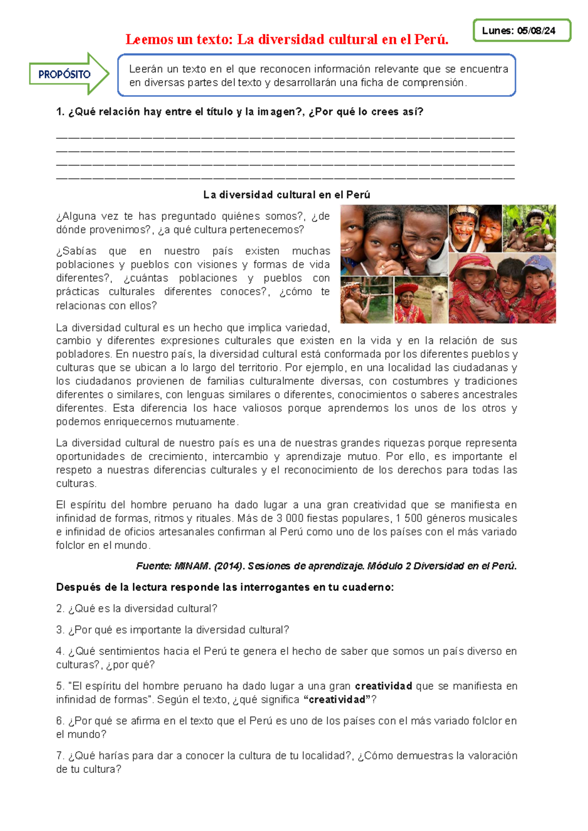 Ficha 1~2: La Diversidad Cultural en el Perú - Comprensión y Reflexión ...