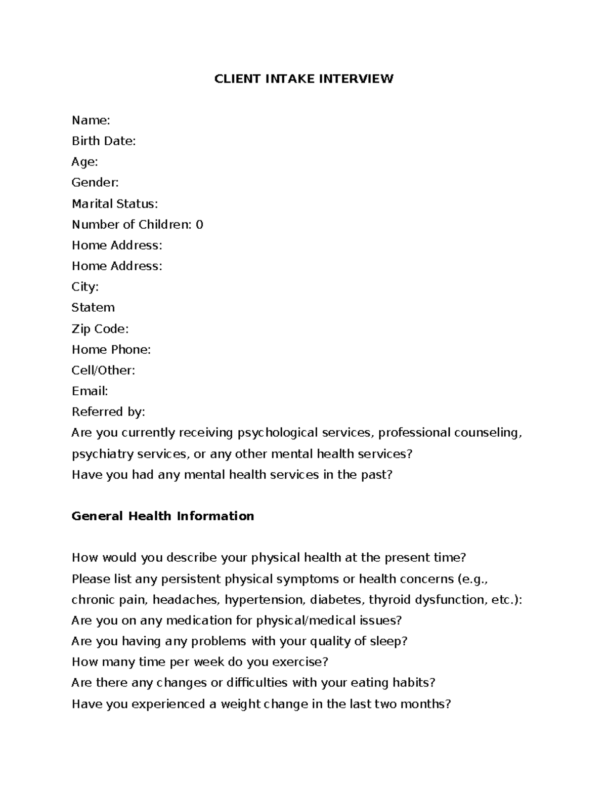 Intake-Interview Guide: Mental Status Exam for New Clients - Studocu