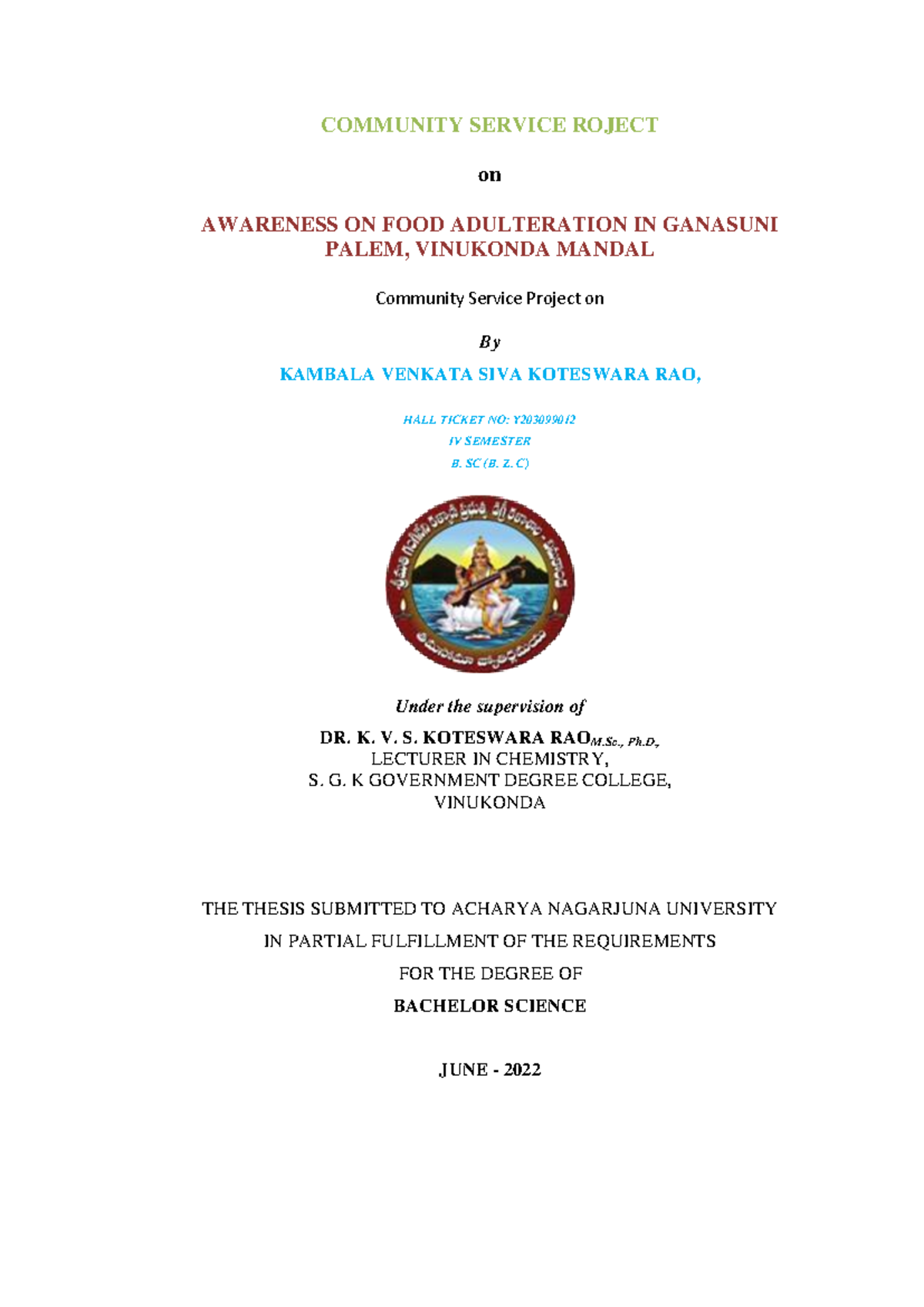 CSP - Awareness on Food Adulteration in Ganasuni Palem Project Report ...