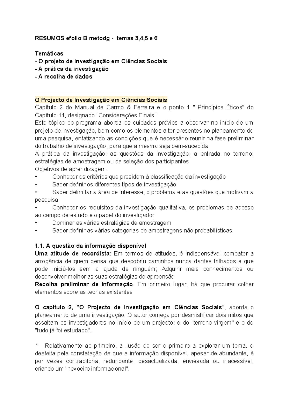 Resumos efolio B metodologias - RESUMOS efolio B metodg - temas 3,4,5 e ...