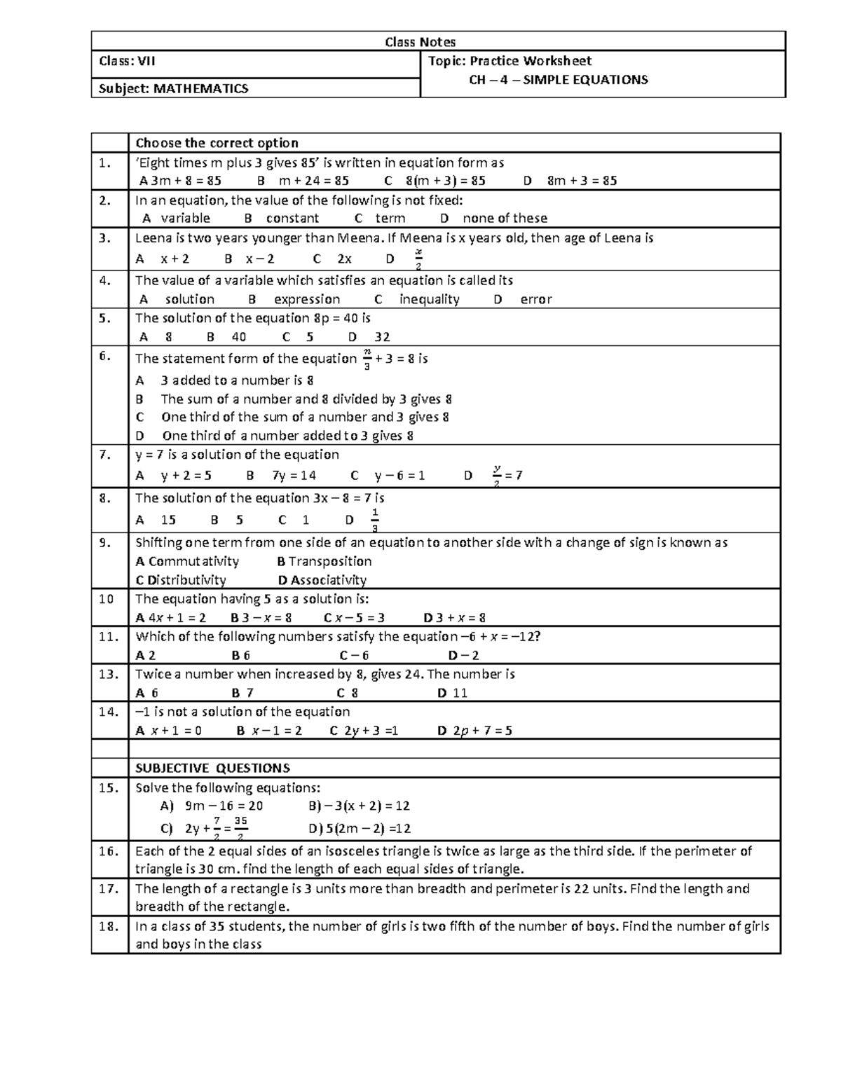 VII - Mathematics - Simple Equations Test Preparation Notes - Studocu