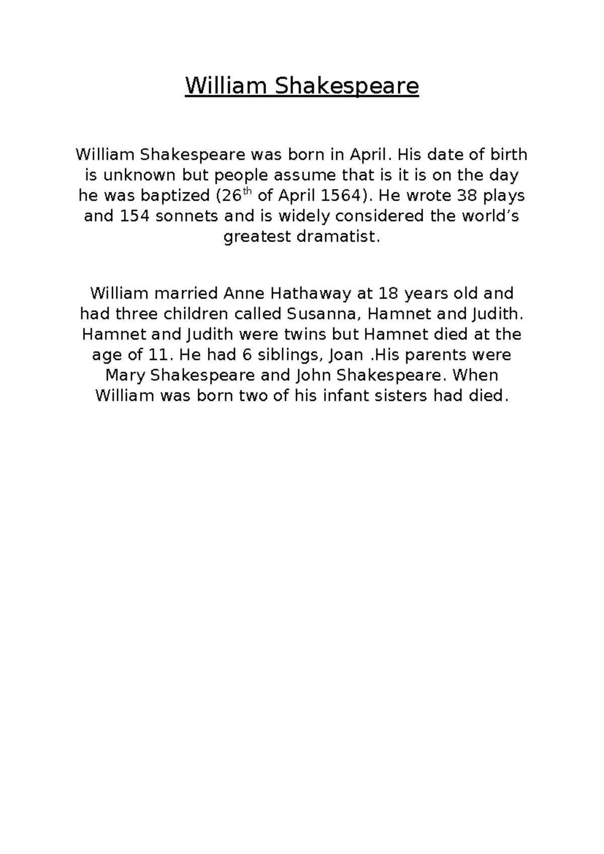 Hamnet Shakespeare Born