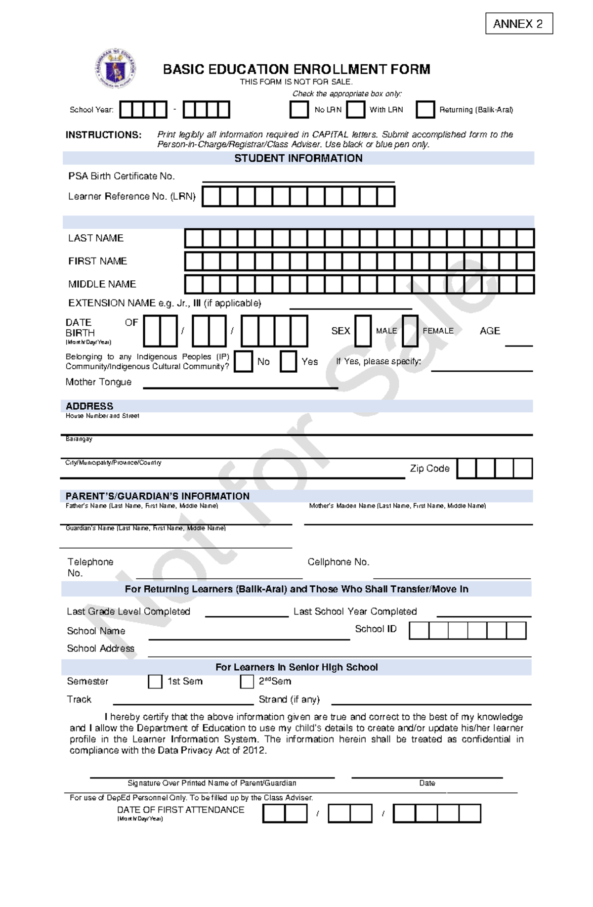 Basic Ed Enrollment Form (No LRN/Balik-Aral) - Instructions Inside ...