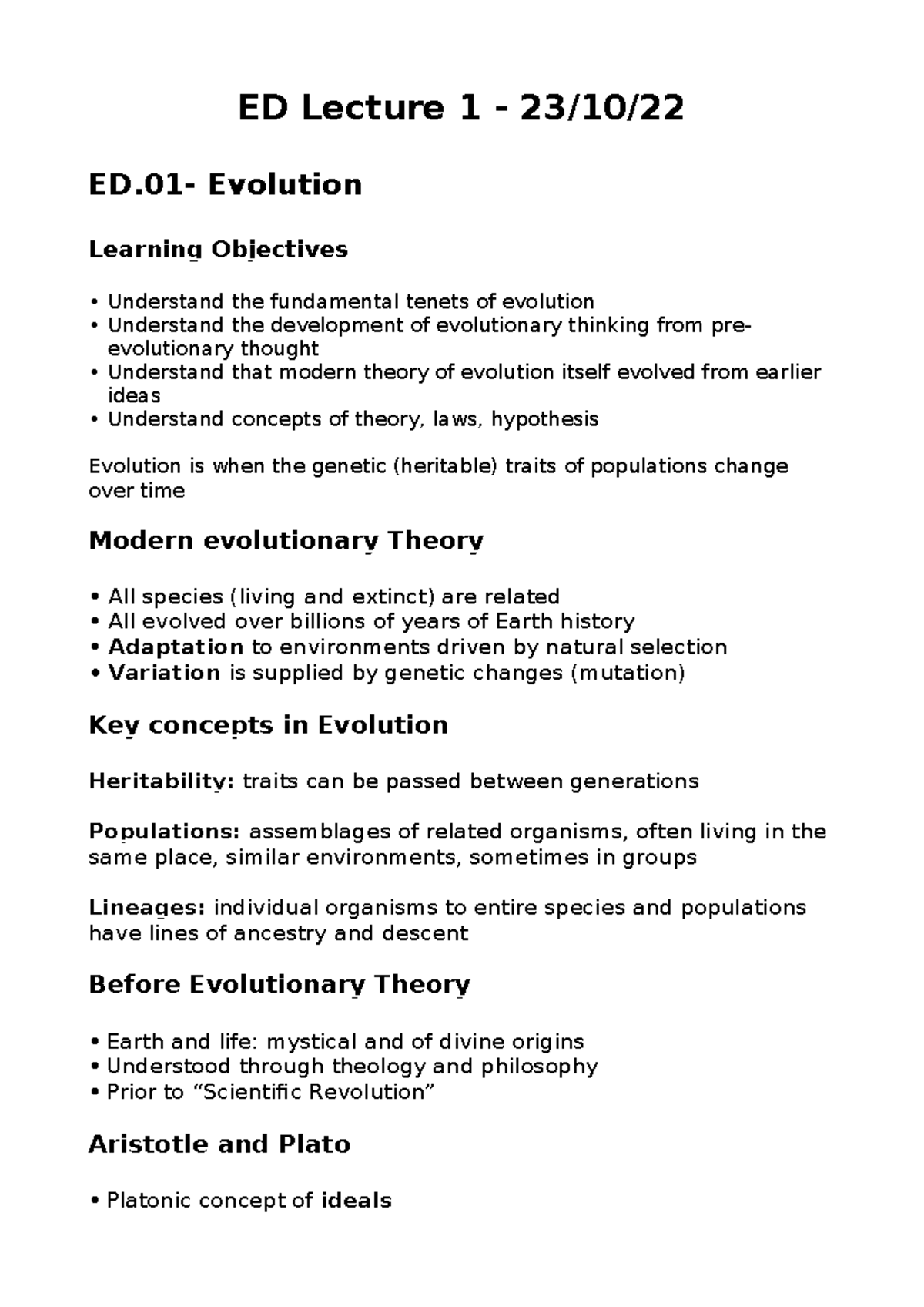 ED.01 & ED.02 - Lecture Notes on Evolution and Earth History - Studocu