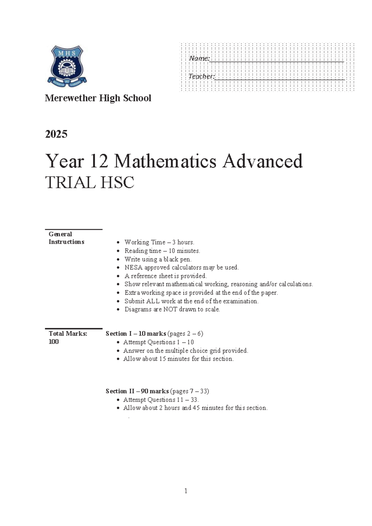 Merewether High School 2025 Year 12 Mathematics Adv. Trial HSC ...