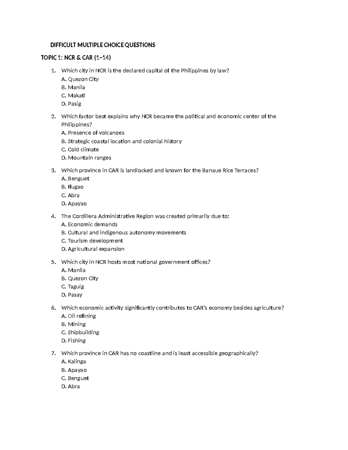 Midterm THC4 - Quiz on NCR, CAR, and Ilocos Region Topics - Studocu