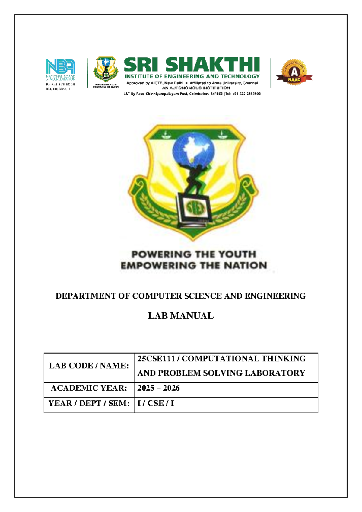 Lab Manual - CSE I: Computational Thinking & Problem Solving Lab - Studocu