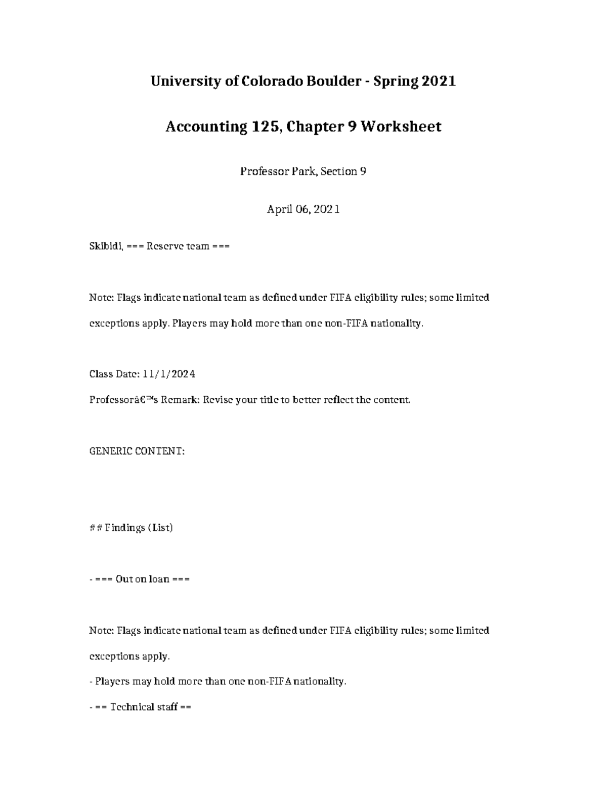 Accounting 125, Spring 2021: Chapter 9 Worksheet by Prof. Park - Studocu