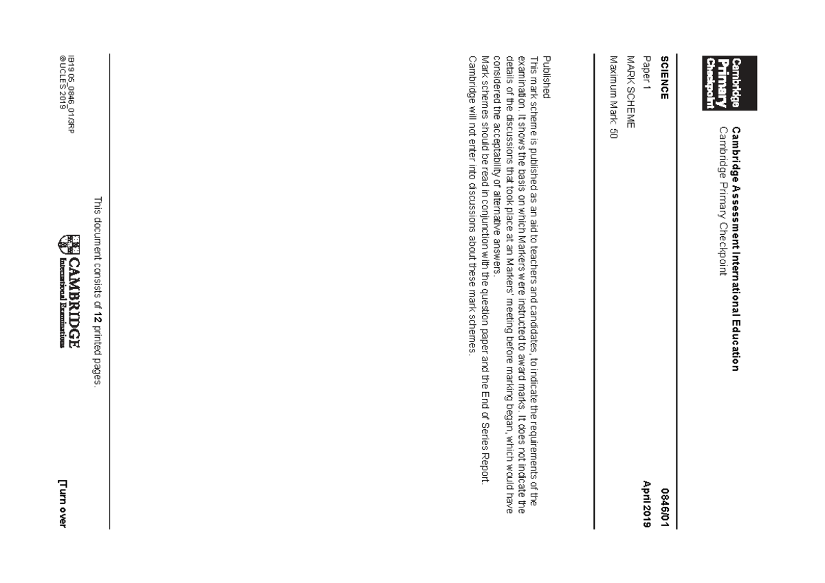Cambridge Primary Checkpoint Science Paper 1 Mark Scheme April 2019
