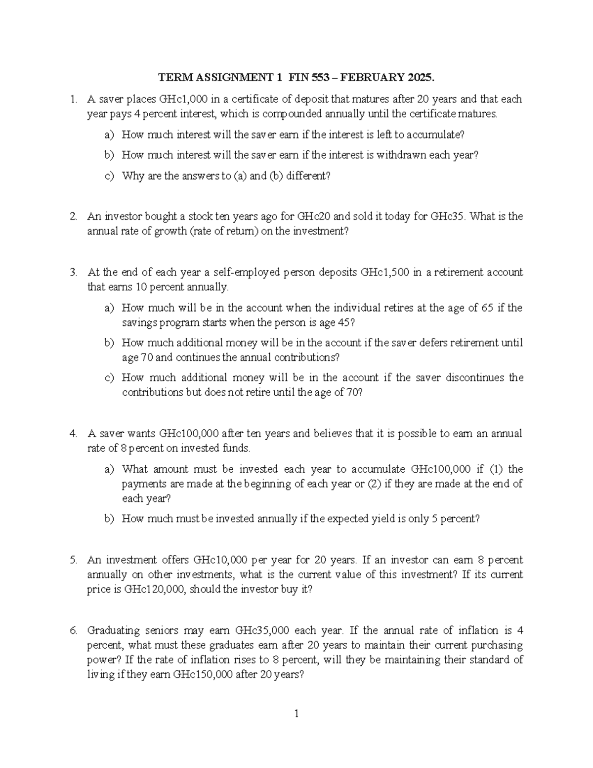 Assignment 1 Solutions for FIN 553 - February 2025 - Studocu