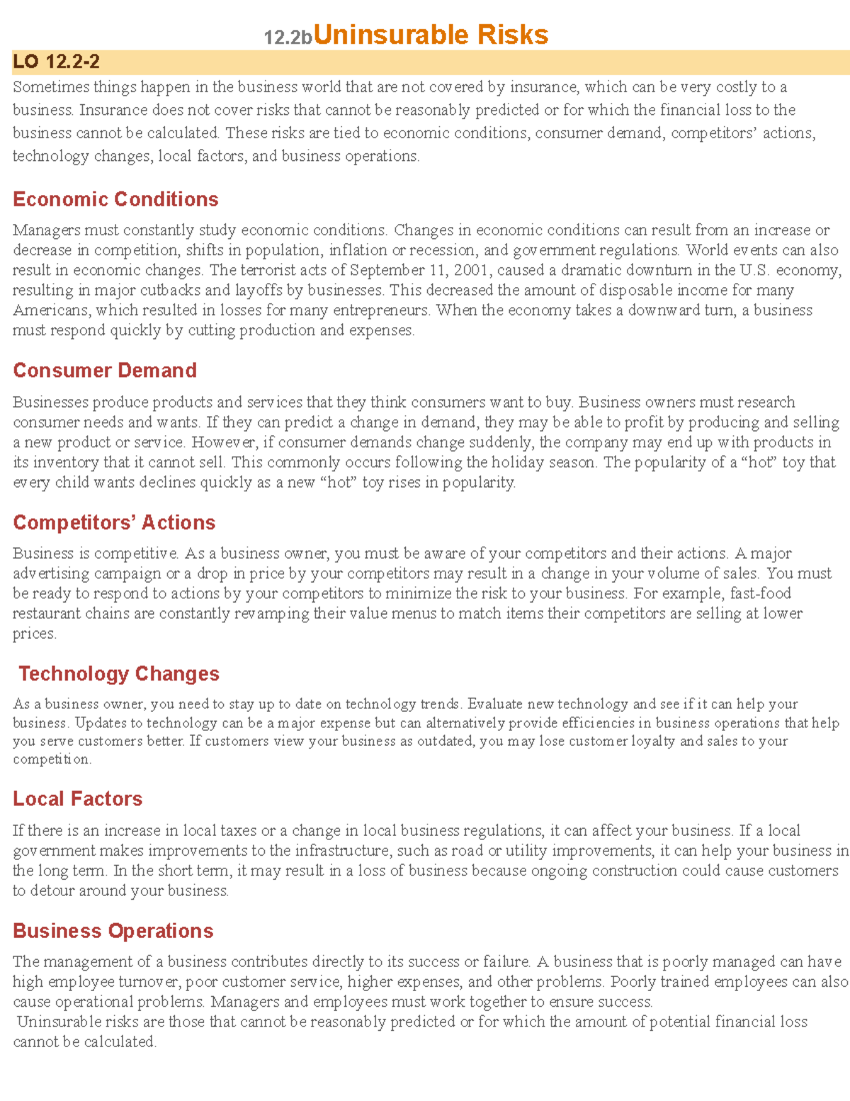 Uninsurable Risks in Business: Economic Conditions & More (RWS5) - Studocu