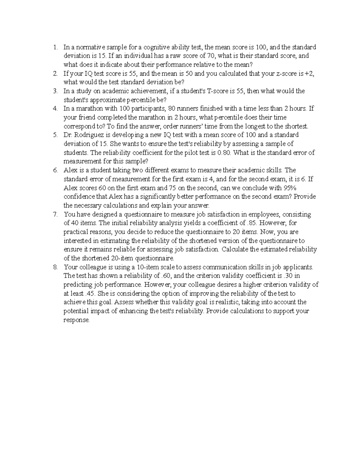 Practice Problems for Cognitive Ability & Reliability Analysis (PSY 101 ...