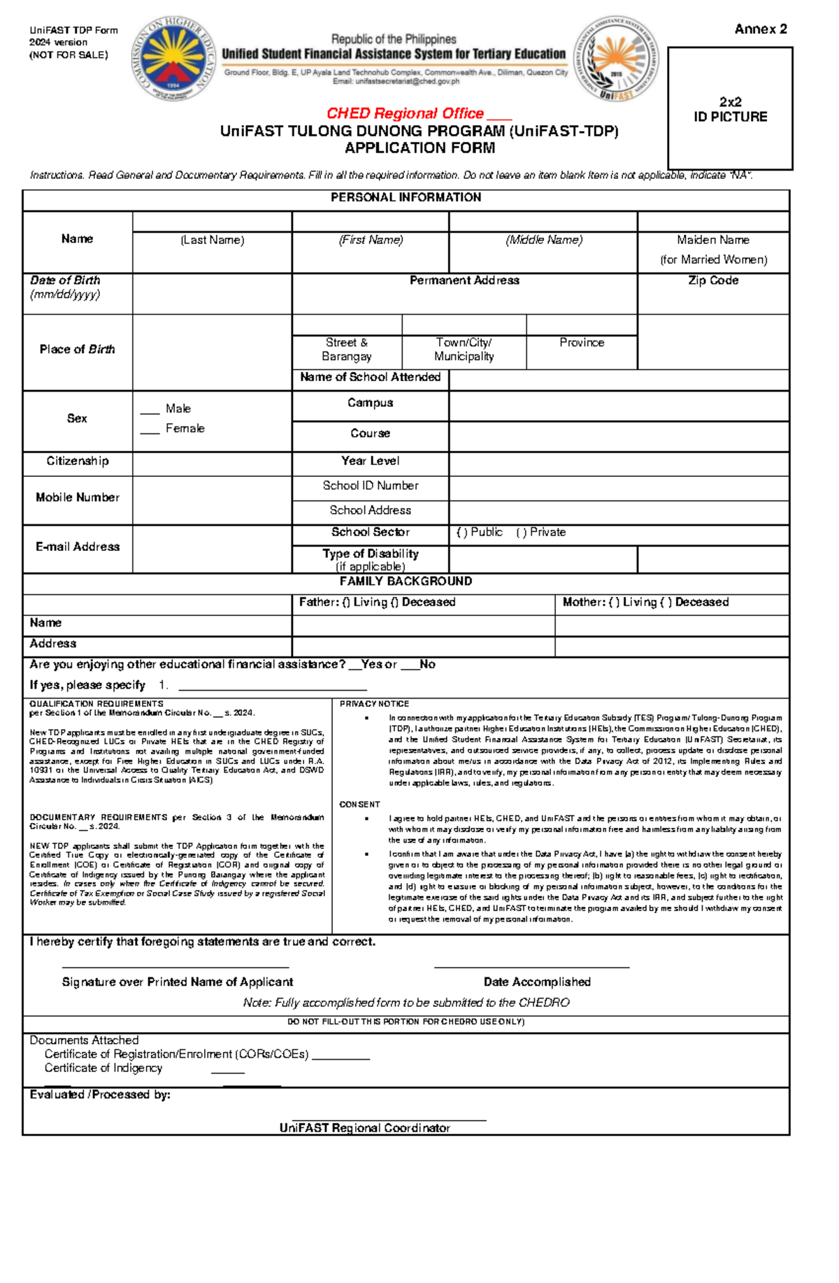 Annex 2 UniFAST TDP Application Form 2024 Instructions and Requirements ...
